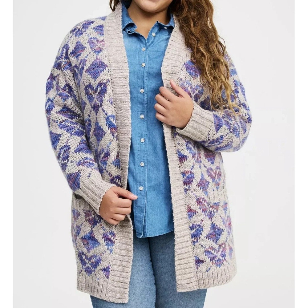 NWT Torrid Plus Cardigan Sweater 3/4 Blue Multicolor Hearts Sweater Sz 0